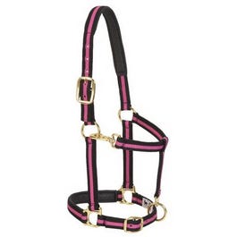 Horse Halter, Snap, Padded, Black/Pink Stripe Poly, 1-In., Average/Weanling Draft