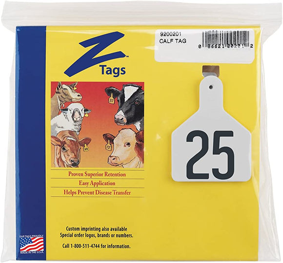 Z Tags 1-piece Pre-numbered Laser Print Tags For Calves, Numbers 1 To 25 (white)
